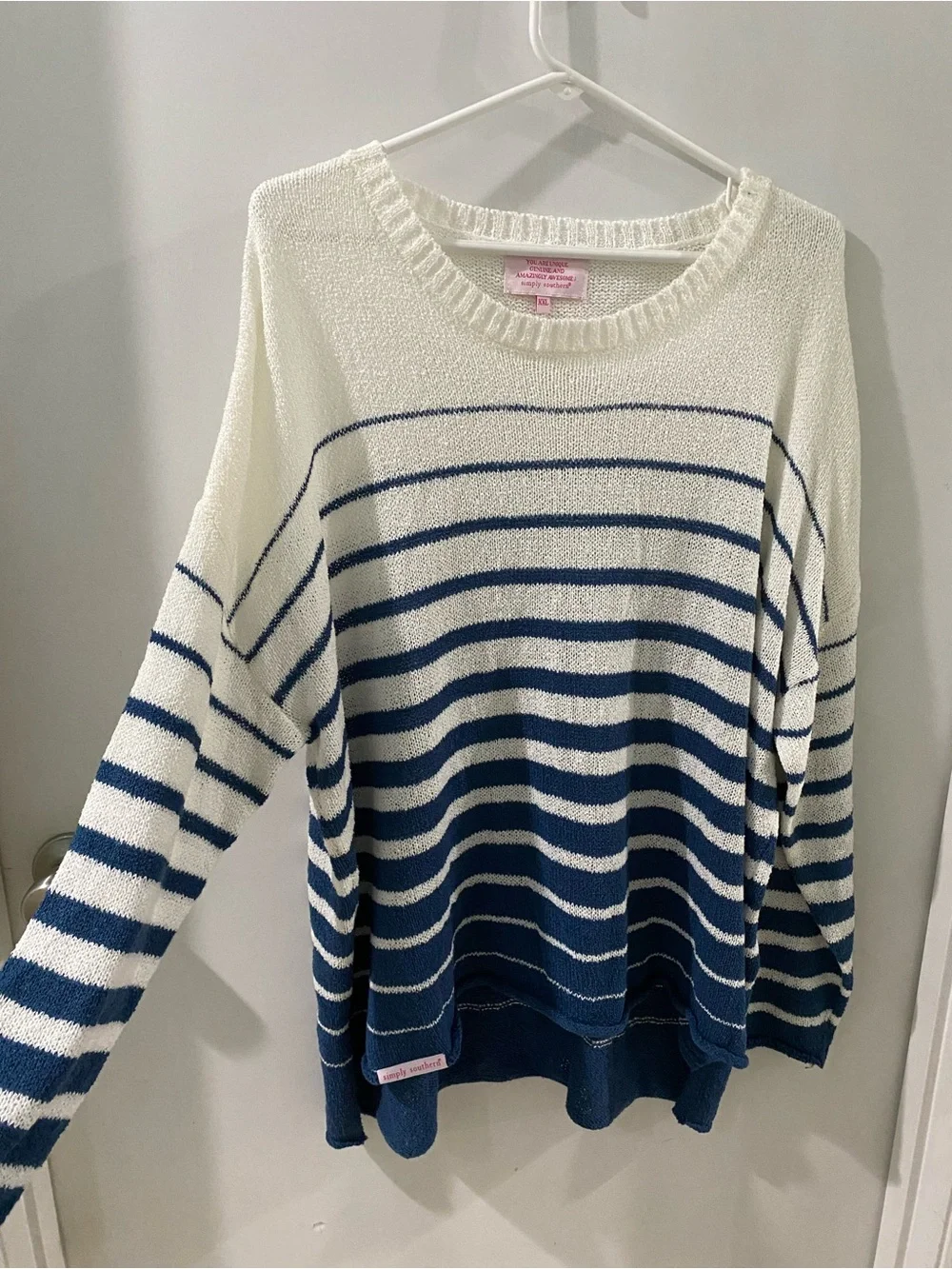 Simply Southern Striped Crewneck Sweater in White and Blue, size XXL - Picture 3 of 7